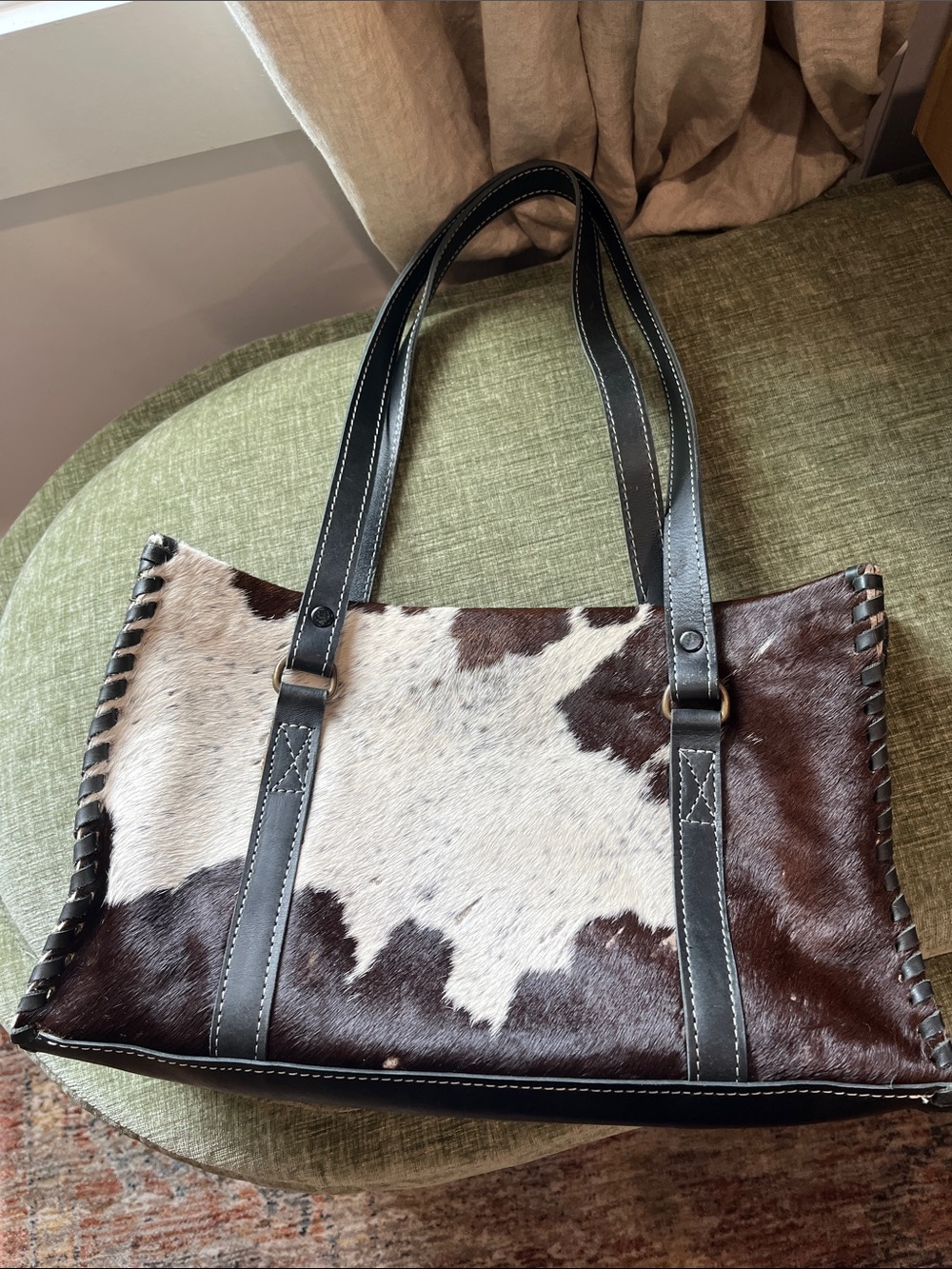 Cowhide Leather Tote Bag with Black Trim - Brown & White